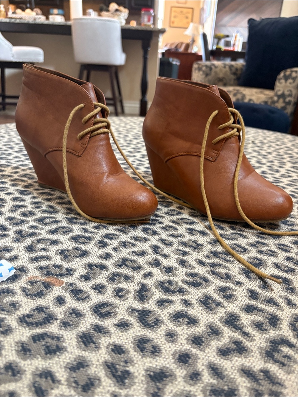 Bella Marie Cognac Lace-Up Wedge Ankle Booties